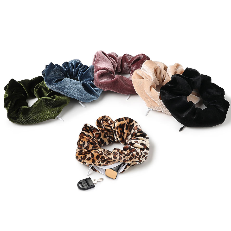 Q & Y 2023 пользовательский мешочек на молнии Scrunchy аксессуары для волос секретный карман скрытые эластичные большие бархатные резинки на молнии