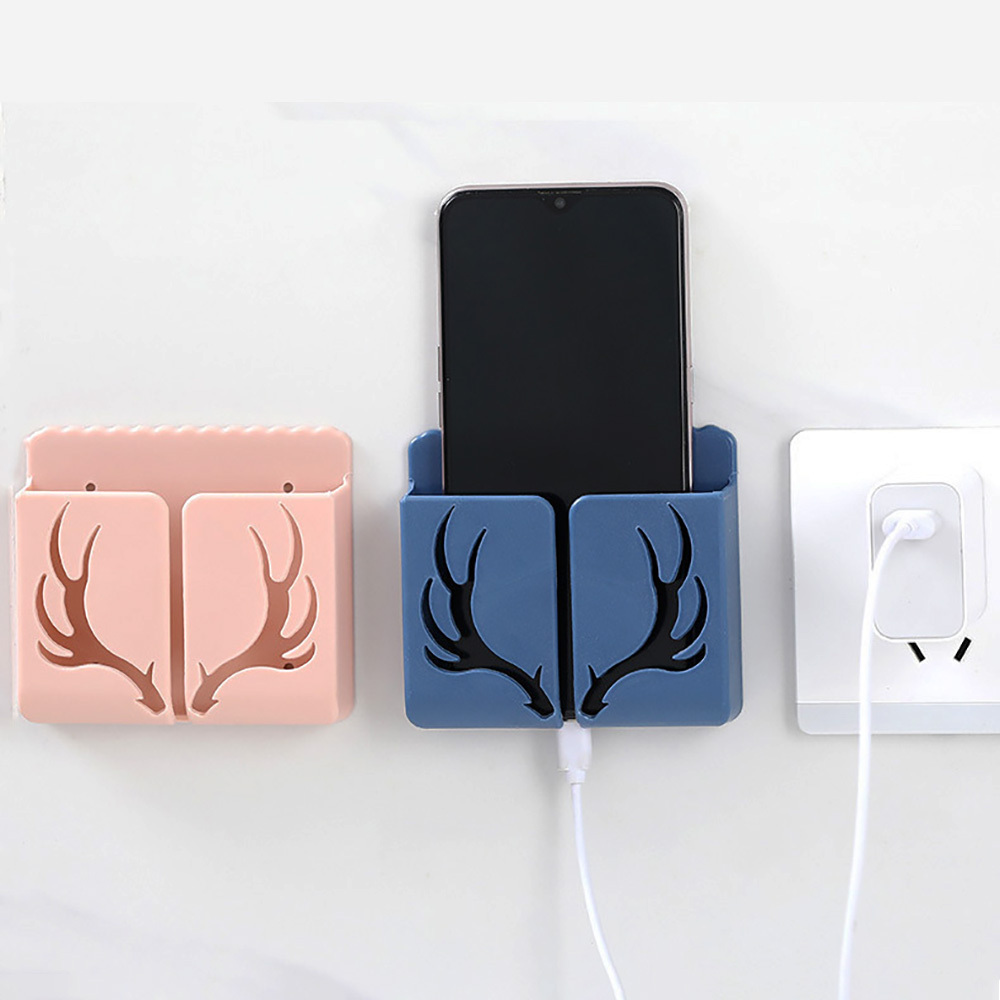 Deer antler TV mobile phone remote control storage box bedroom hole free wall hanging box wall storage shelf