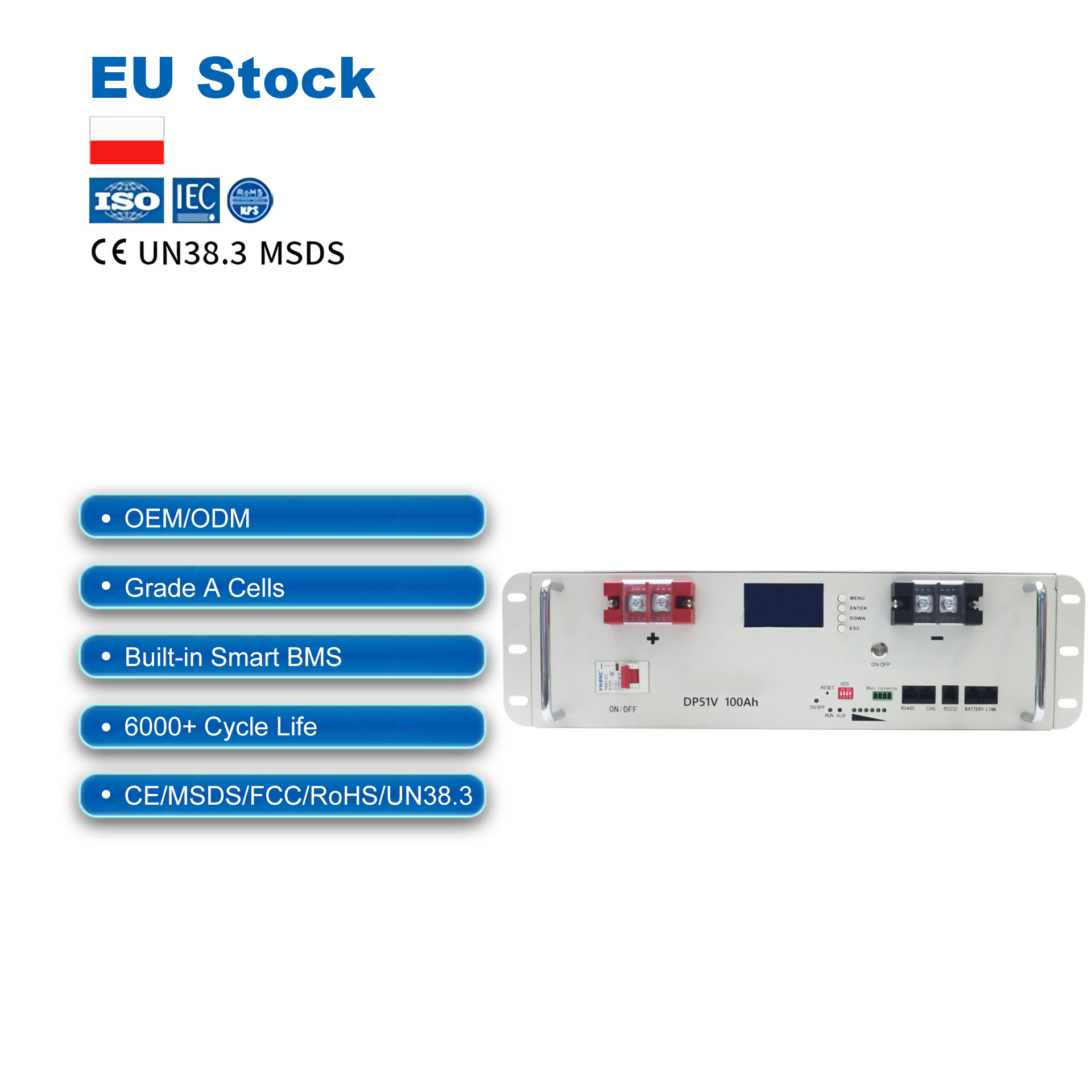 Smart BMS LiFePO4 5kWh 10kWh 51.2V 100Ah 200Ah Solar Lithium Battery Rack Mounted Battery Pack For Solar System