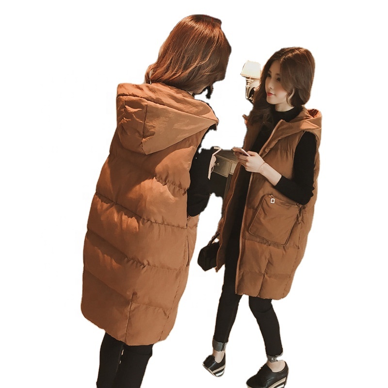 Women's autumn and winter Korean version of the long pocket hooded vest vest sleeveless cotton coat