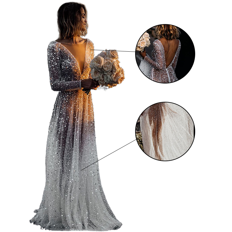 2021 New Arrival Ball Gown Women Sexy V Neck Backless Sequin Tulle White Wedding Dresses