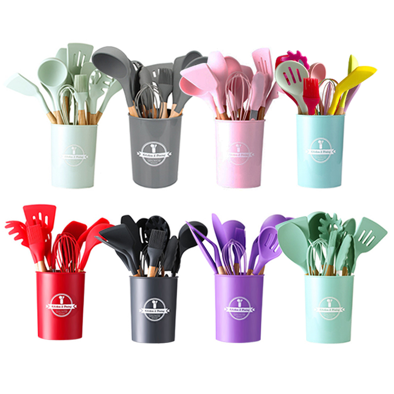 Wooden Spatula Handle Colorful Kid Cooking 12pcs Cookware Nonstick Baking Tool Cheese Silicone Bamboo Kitchen Utensils Set