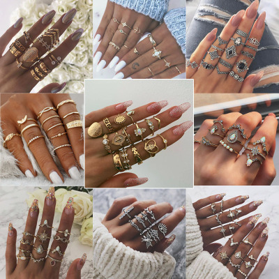 Hot Selling Jewelry 12/10 Piece Set Water Drop Diamond Pearl Geometric Ladies Gold Mini Finger Rings Set