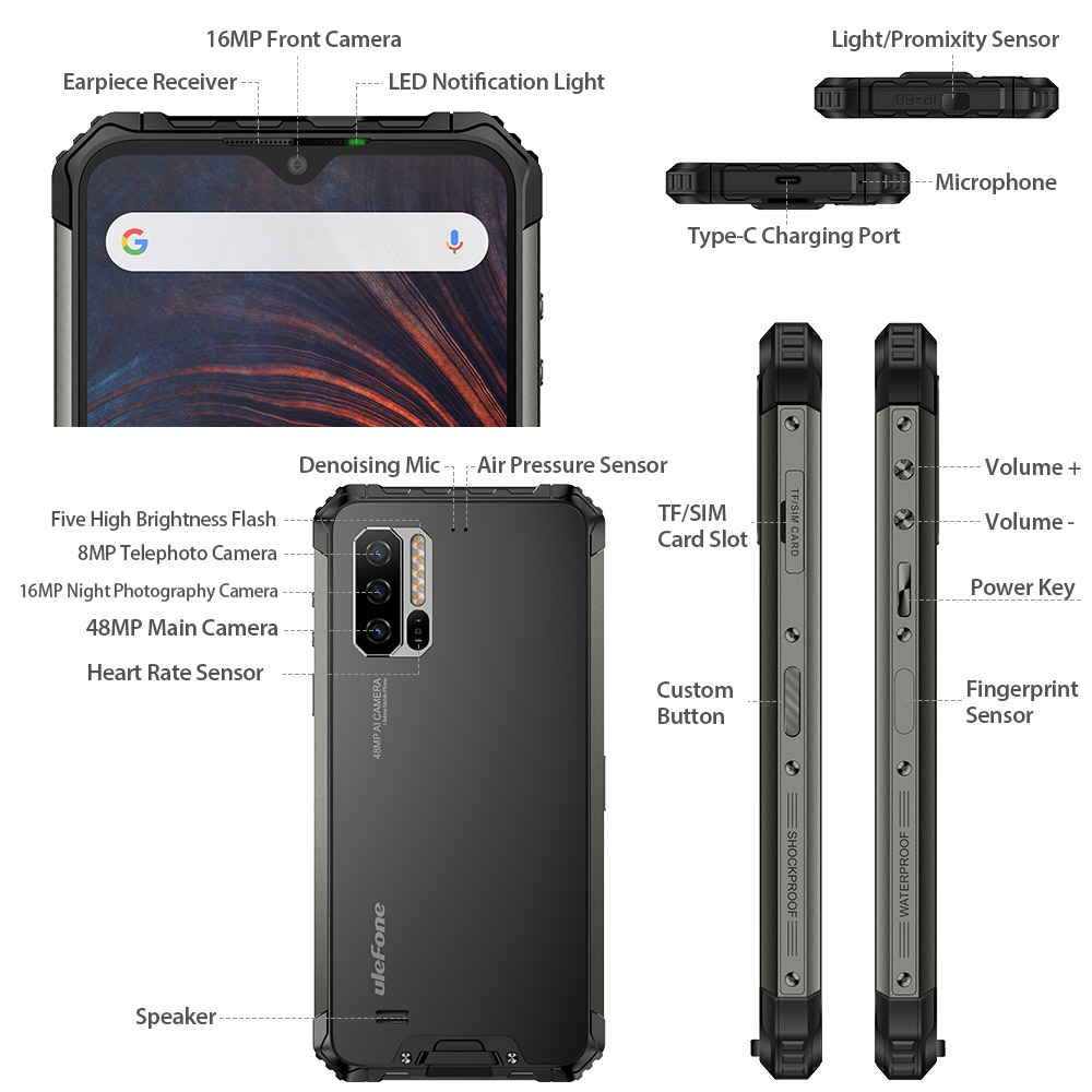 Ulefone Power 7 IP68 смартфон сердечного ритма трекер Android 9,0 NFC Helio P90 Octa Core 6,3 ''8 ГБ + 128 ГБ 48MP 4G 5500 мА/ч, чехол для телефона