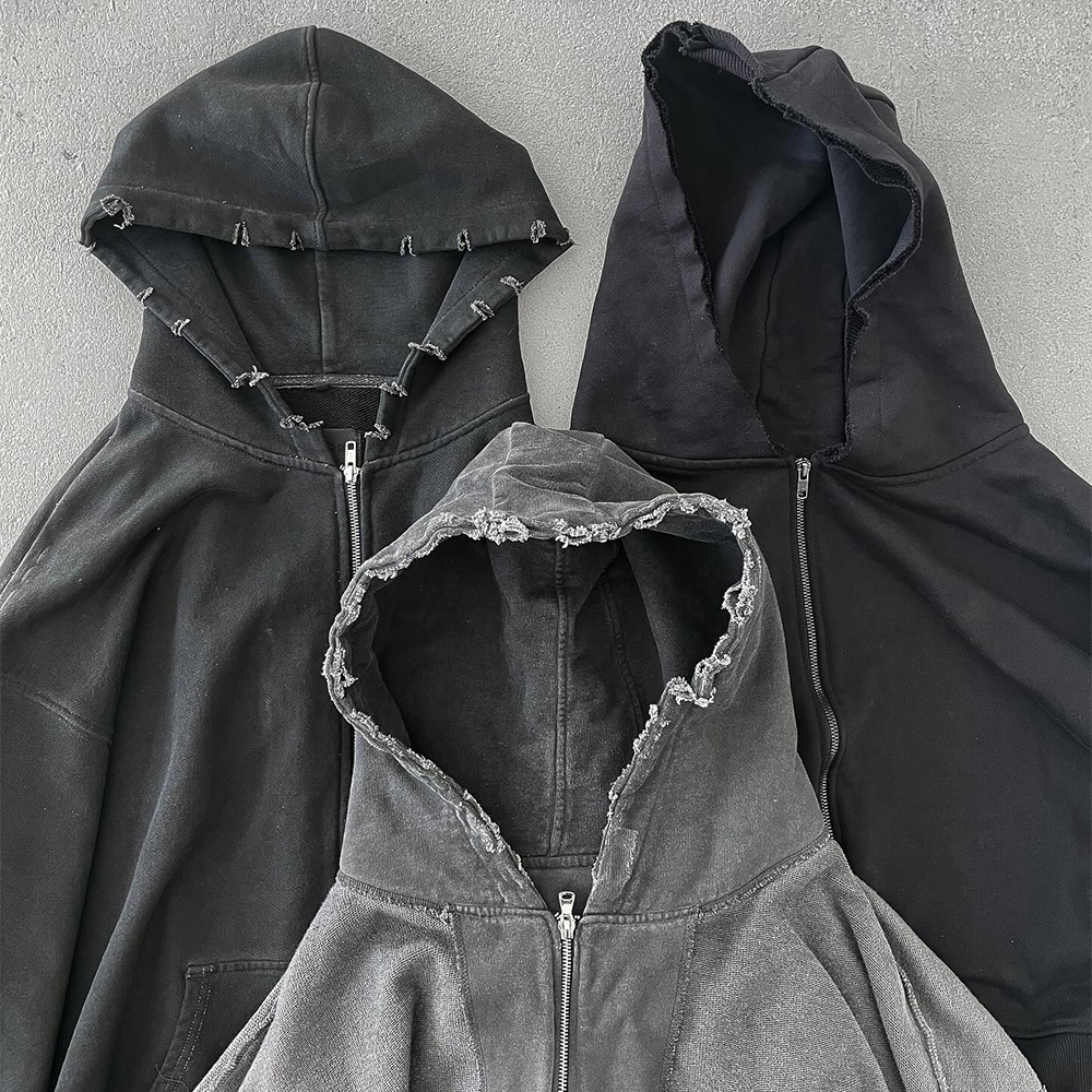 Custom Streetwear Washed Hoodies Mens Blank Black 450gsm French Terry Vintage Distressed Acid Wash Zip Up Hoodie Men