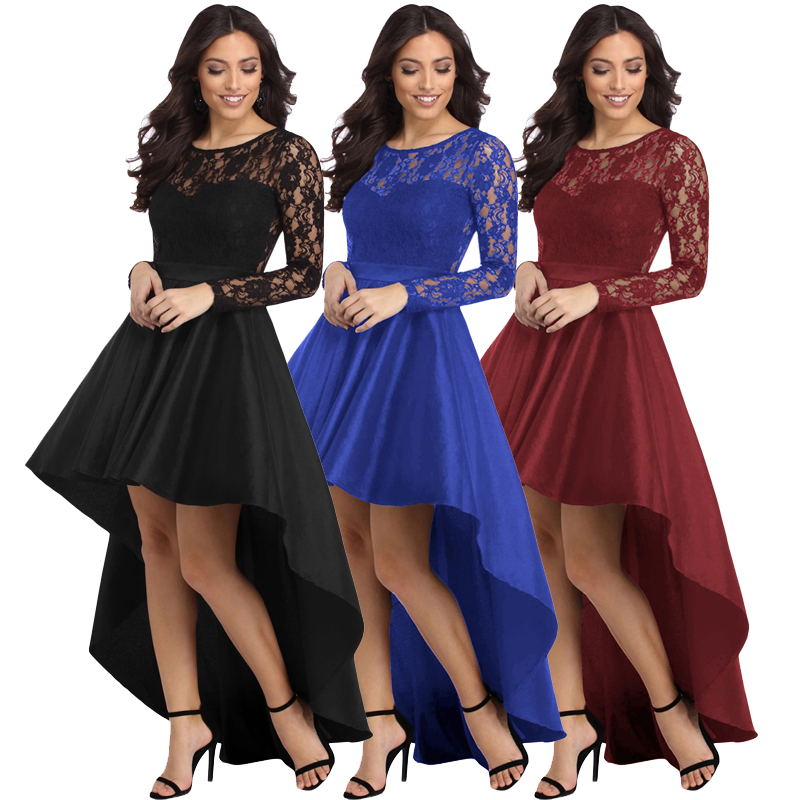 Women Clothings Casual Black Long Sleeve Lace High Satin Party Evening Prom Dress