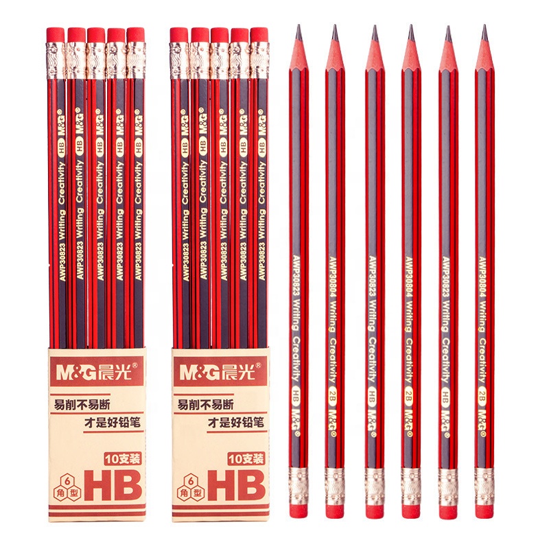 M&G Classic Red & Black Wooden 2B & HB Pencil Set School Pencils with Eraser for Daily Use Promotional Purpose