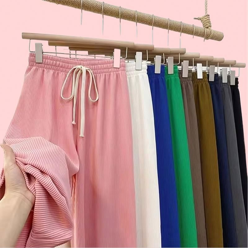 Women's Solid Color High Waist Straight Leg Trousers Wide Leg Loose Pant with Stripe Elastic Drawstring Long Pants Storage