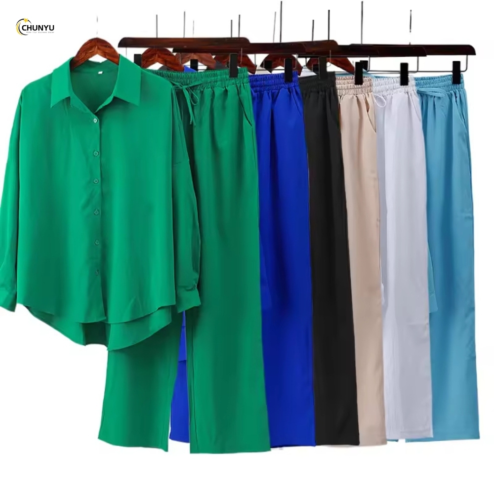Plus Size Winter Long Sleeve Shirt Wide Leg Pant Elegant Casual Girls Clothing Suits 2 Piece Outfit Sets for Women Elegant
