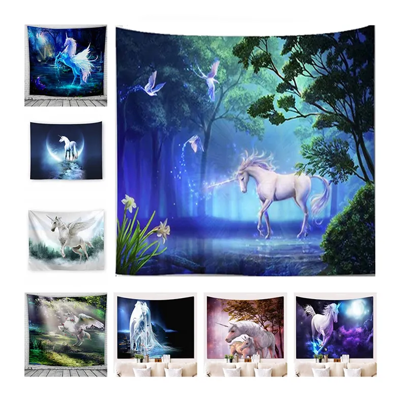 2021 Popular Hot sale home decoration support customized 100%polyester unicorn tapestry