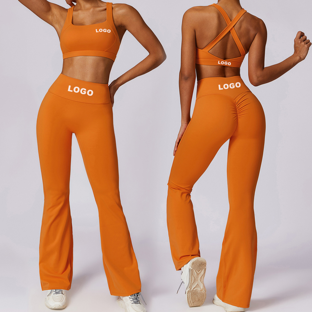 Custom Logo High Waist Sports Pants and Cross Back Design Bra Women Gym Fitness Flared Trousers Sportswear Yoga Set