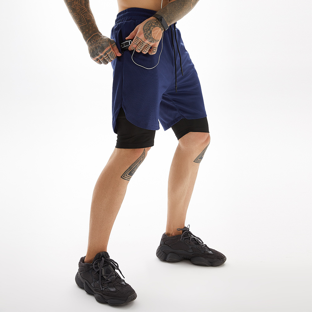 Double layer Jogger Shorts Men 2 in 1 Short Pants Gyms Fitness Built-in pocket Quick Dry Sweatpants Shorts Men
