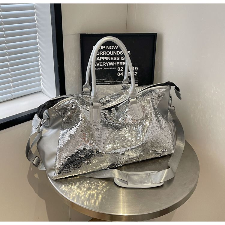 Unique Silver Glitter Luggage Travel Bags Large PU Leather Duffle Travel Tote Yoga Sports Gym Bags for Women