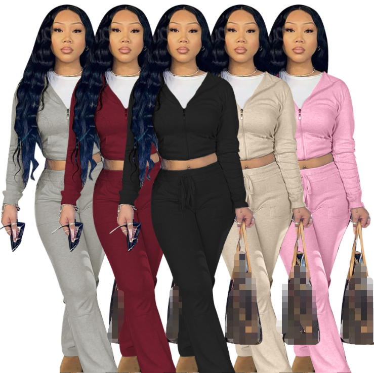 2021 New Arrivals Solid Zipper Hoodie 2 Piece Set Drawstring Wide Leg Pants Suit Women Sport Sweatsuit