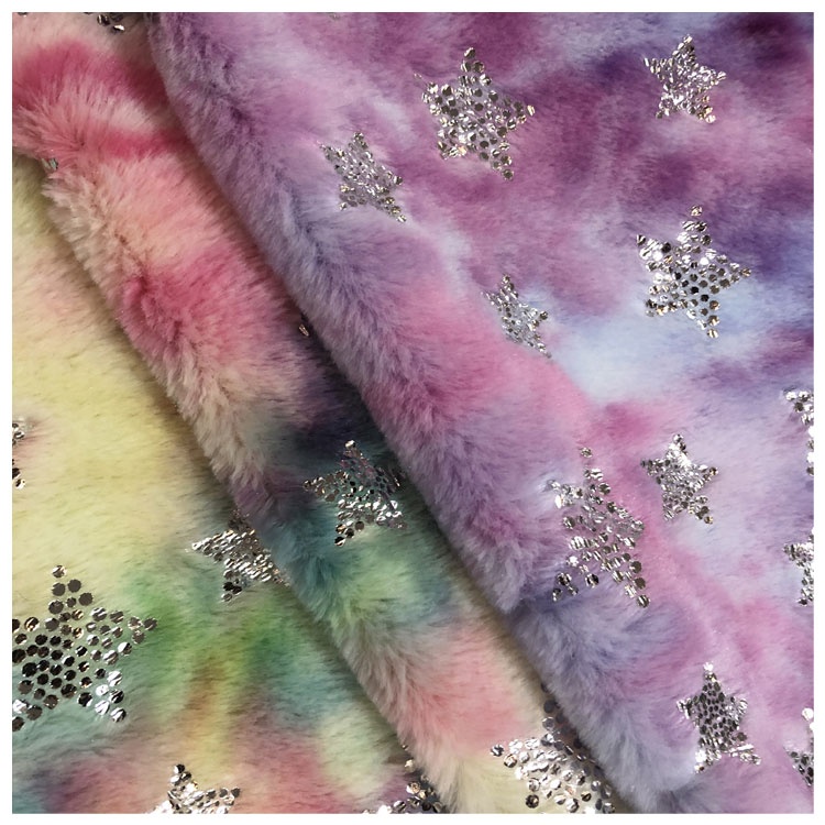 100% polyester tie dyed faux fur fabric foil printed fake hair like bronzed plush rabbit fur gilded
