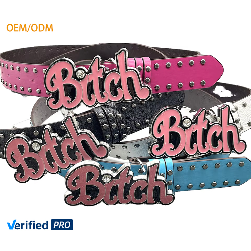 Fashion Custom Pink Letter Rhinestone 3D Name Buckle Stud Punk BB Belt Personalized Round Studded Women Designer Waist Belt