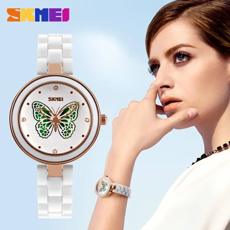 2021 skmei 9131 model Butterfly pattern ceramics band watch White female watch waterproof watch for woman