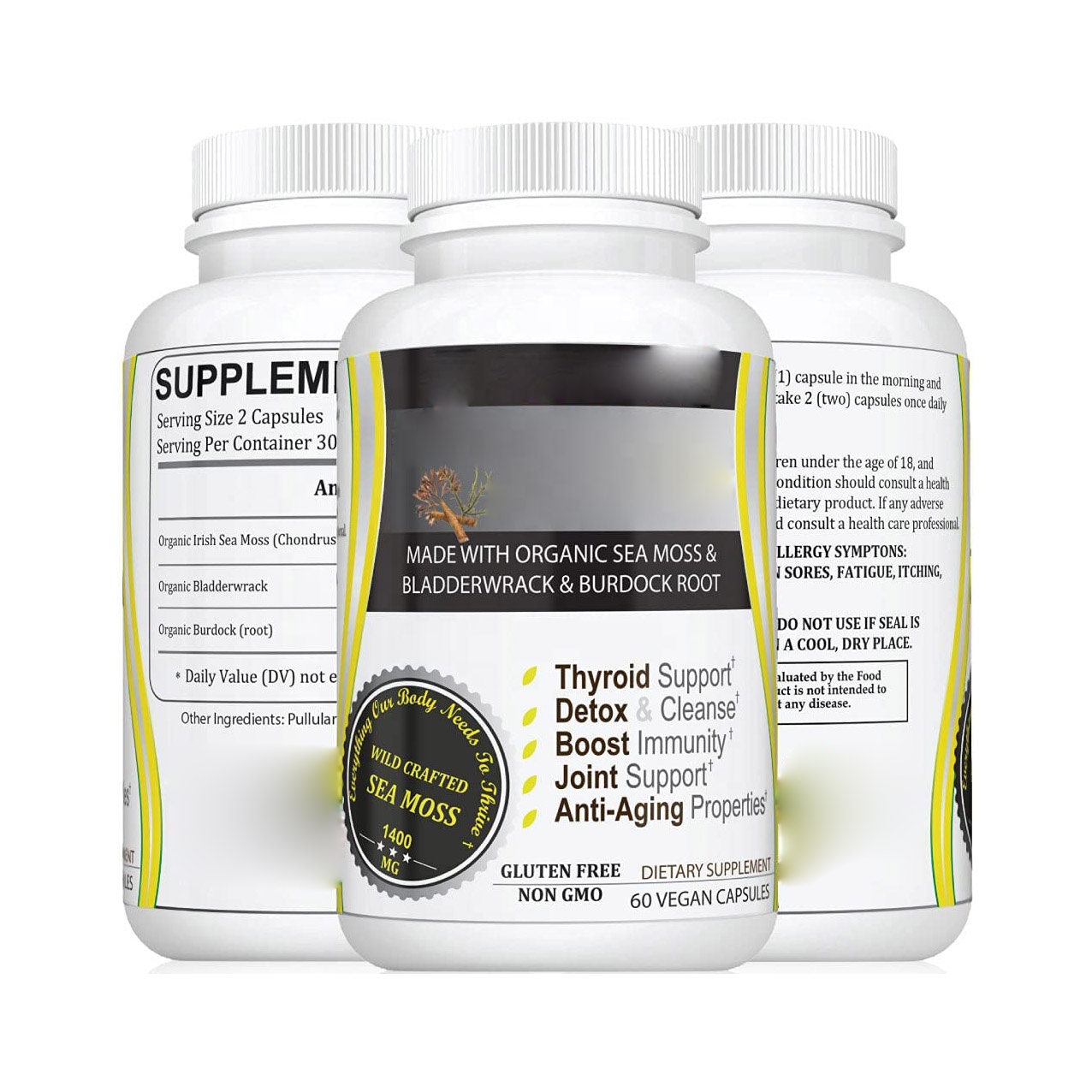 Private label Organic Sea Moss Made with Organic Irish Sea Moss Bladderwrack and Burdock Root Wildcrafted Sea Moss Capsules