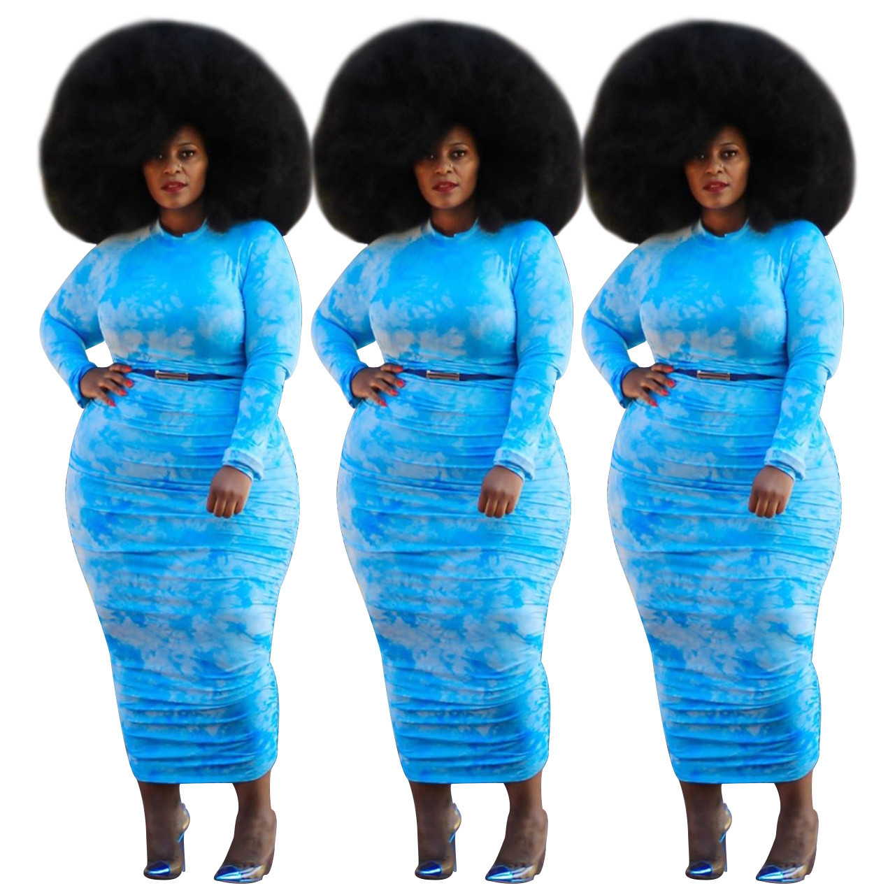 J5090 spot European and American plus size women's cross-border women's fashion print pleated dress