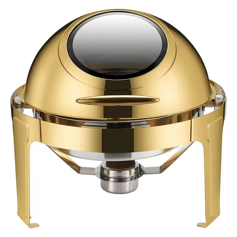 Hotel Restaurant Large Stainless Steel Gold Hot Pot 6.5L Large Roll Top Round Dining Silver Chafing Dish Food Warmer