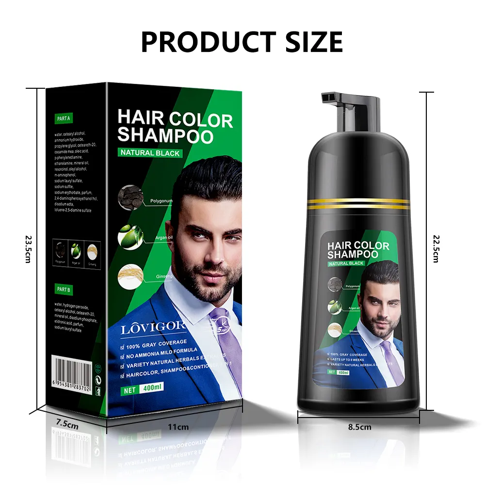 New Arrival Factory Price 100% Grey Coverage Non-Damaging No PPD Fast Coloring Black Hair Dye Shampoo