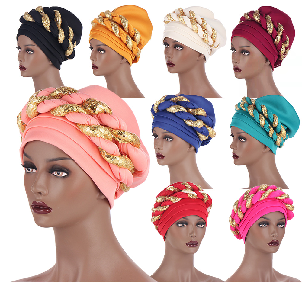 Muslim Double Braids для Women, Female Headscarf, African Space Cotton Turban, Cap с Sequins