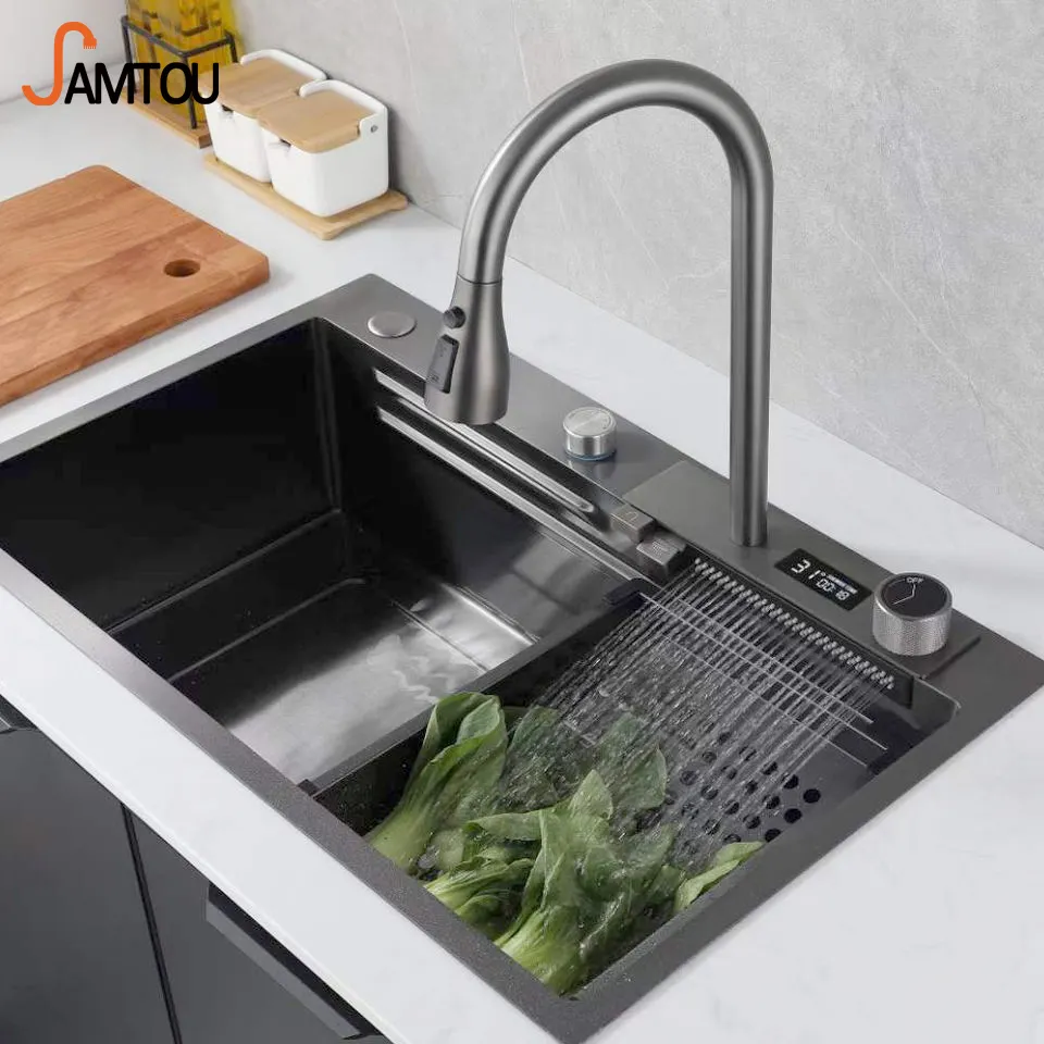 7546 Sanitary Ware Wash Basin Double Bowl Stainless Steel Handmade Kitchen Undermount Sink With Waterfall Faucet digital display