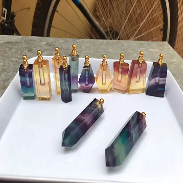 Custom Beautiful Natural Fluorite Essential Oil Bottle Crystal Perfume Bottle Pendant