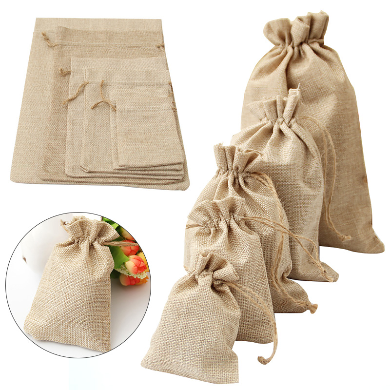 Christmas Party Favor Candy Pouches Wedding Jewelry Display Sack Natural Linen Burlap Bag Jute Drawstring Gift Packaging Bags
