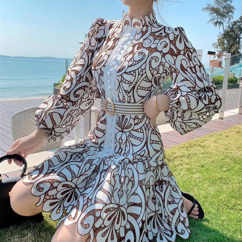 Bishop sleeve Open lace pleated hook A-line skirt commute High collar Decor Wholesale Summer Dresses 2021