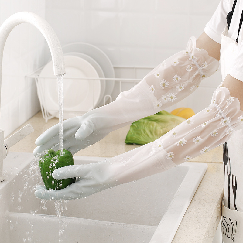 Waterproof Silicone Dishwashing Gloves Fleece-Lined for Household Cleaning Laundry Washing Bowl Rubber Latex Kitchen Cleaning