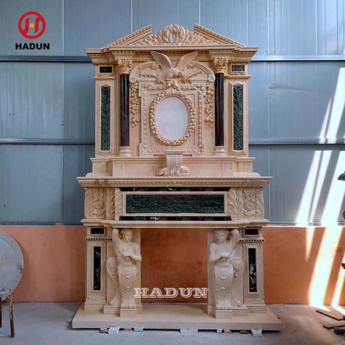 Hand Carved Decorated Double Marble Fireplace Design