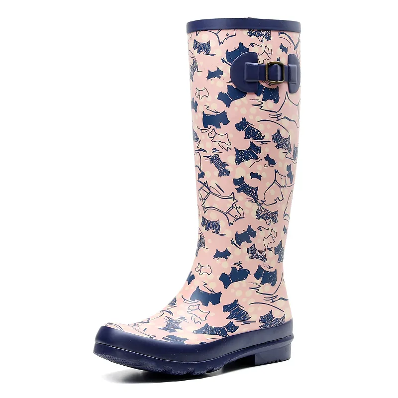 Factory direct sale online personalized brand pink printed women riding mid calf boots rain