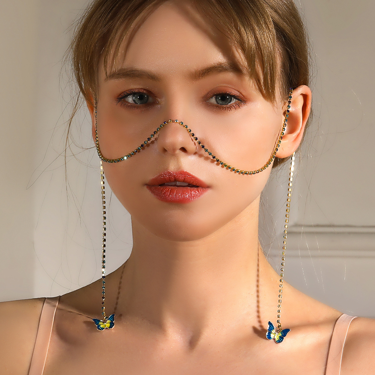 BaoYang New Butterfly Colored Diamond Faces Fashion Stage Catwalk Full Rhinestone Chain Face Chain