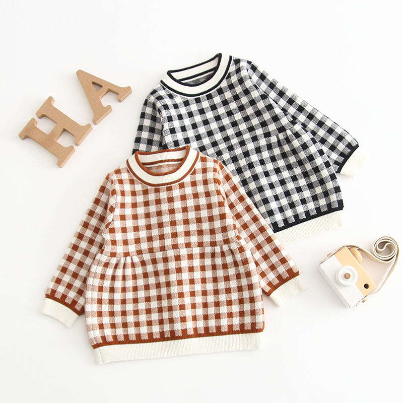 OEM service Infant baby girl long-sleeved plaid cotton pullover two-color knitted sweater princess dress baby dress