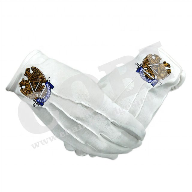 Quality Regalia 100% Cotton White Scottish Rite 32 Degree Consistory Cotton Fabric Gloves Mason Regalia