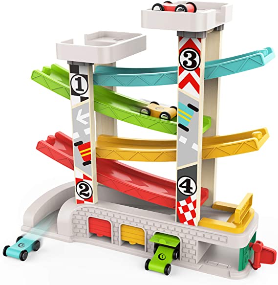 TOP BRIGHT Car Ramp kids Toy vehicle carToddler Race Track Toy 4 Wooden Cars toys