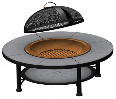 2021 Outdoor Garden Patio Backyard Campfire Marble Tile Fire Bowl Wood Burning Metal BBQ/Warming Fire Pit With Log Rack Base