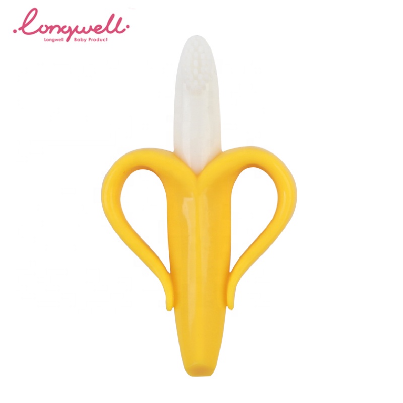 Ningbo Longwell Cute Shape Banana Teething Toys Soft Safety Easy Grasp Training Brush Silicone Baby Silicone Teether Toothbrush