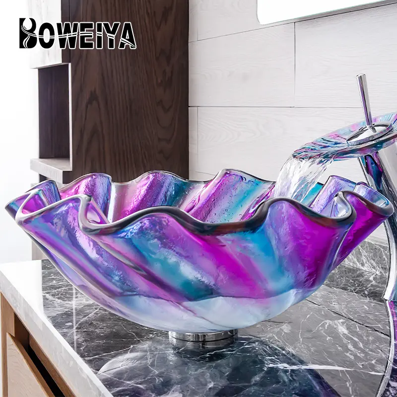New Design Art Pink Flower Shape Artificial Glass Sink Cheap Price Hotel Mirror and Cabinet Bathroom Coloured Vanity Wash Basin