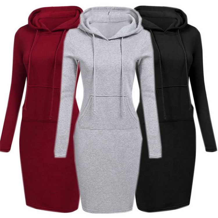 Women's Long Sleeve Pullover Drawstring Fit Slim Casual Hooded Sweatshirt Dress with Plain Pockets Hoodies hoodie