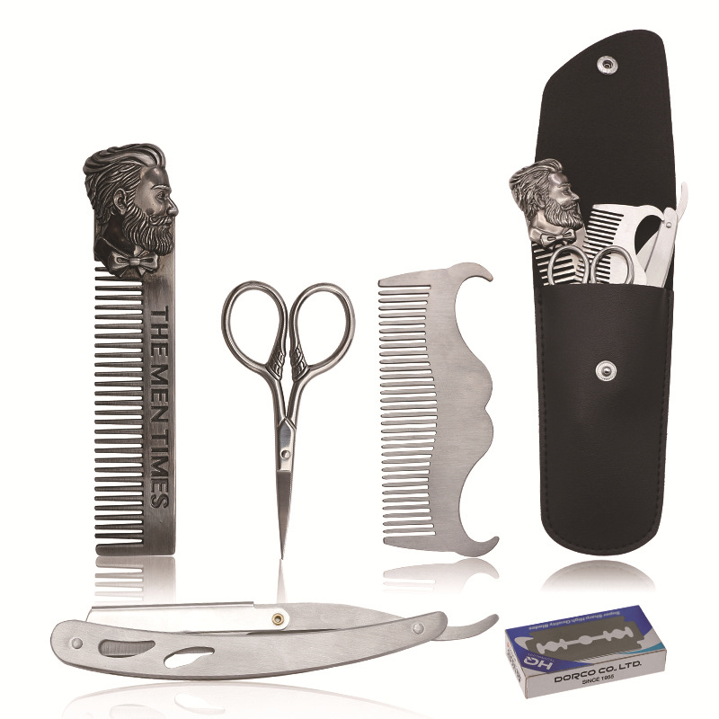 Trimming Shaping Styling Tool Beard Template Comb Scissors Shaving Razor Blades Man Beard Product Set With Bag