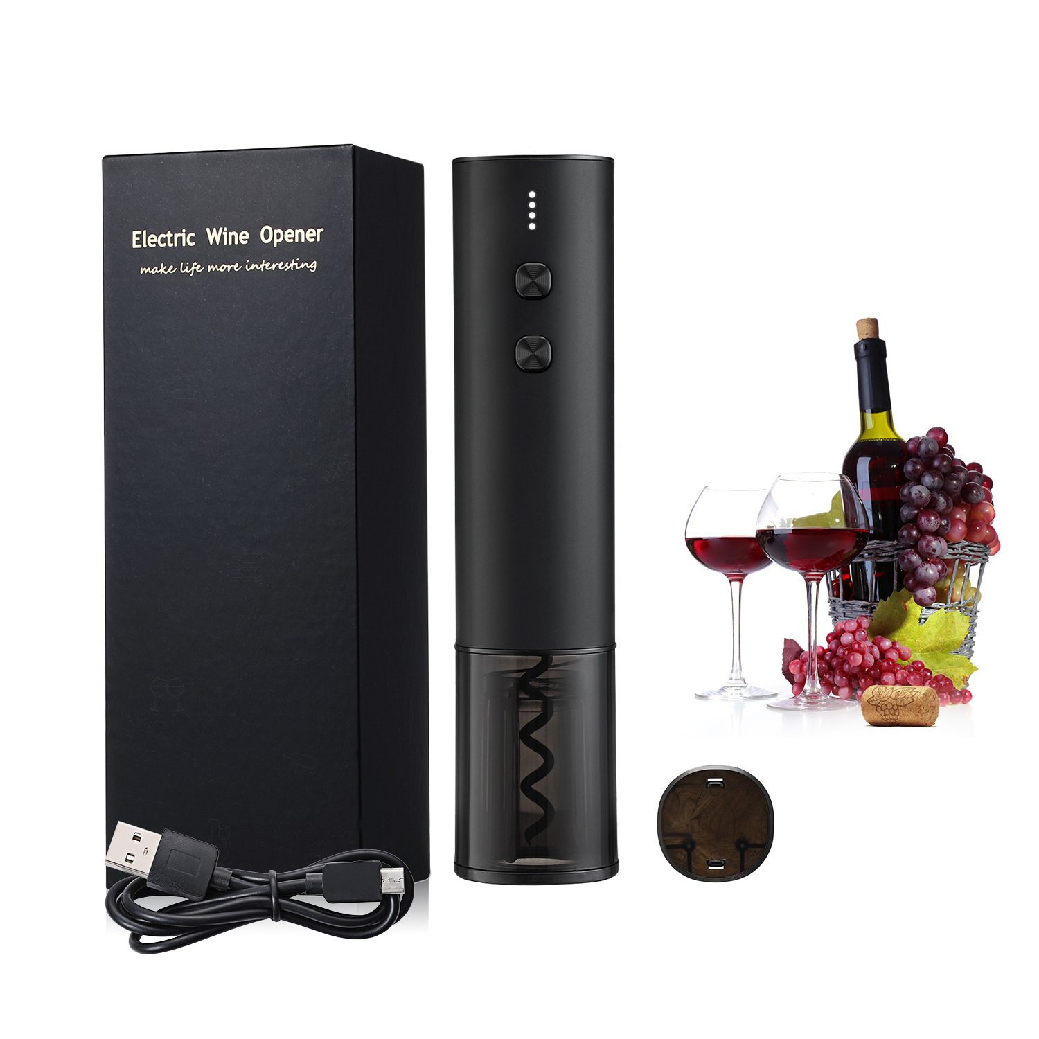 EE082 Fast Rechargeable USB Electric Wine Opener Gift Set Foil Cutter Bottom Base Wine Cork Remover DIY Automatic Wine Corkscrew