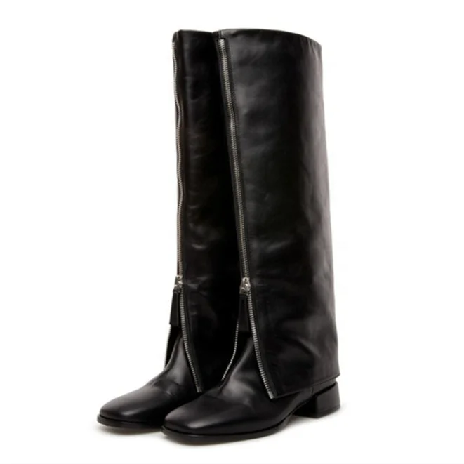 Front Zipper Overlay Black Boots Low Square Heel Women's Knee High Boots Genuine Leather Upper Daily Leisure Size 10.5