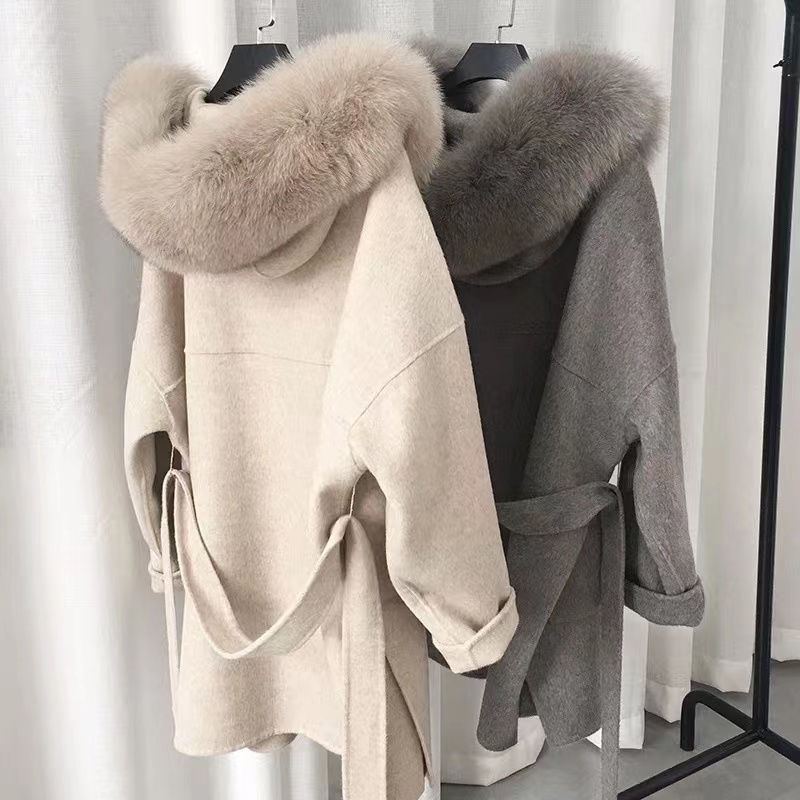 Hot Selling Winter Double Layer Cashmere Coat Women Fashion Wool Coat Fox Fur Hooded Jacket Belt Women Cashmere Coats