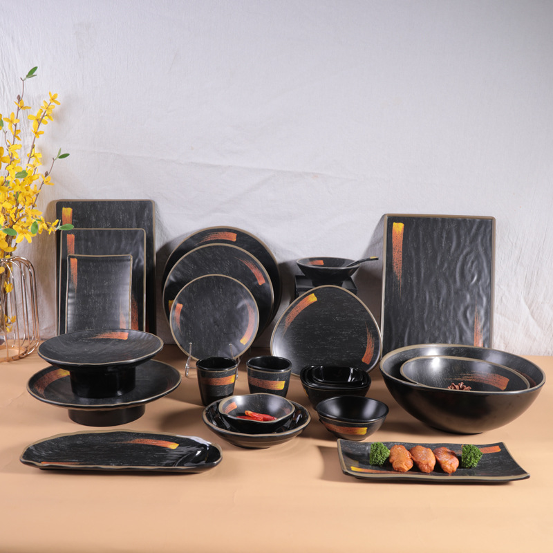 Wholesale Japanese style Matt black dinnerware sushi plate melamine plate dinner set for restaurant