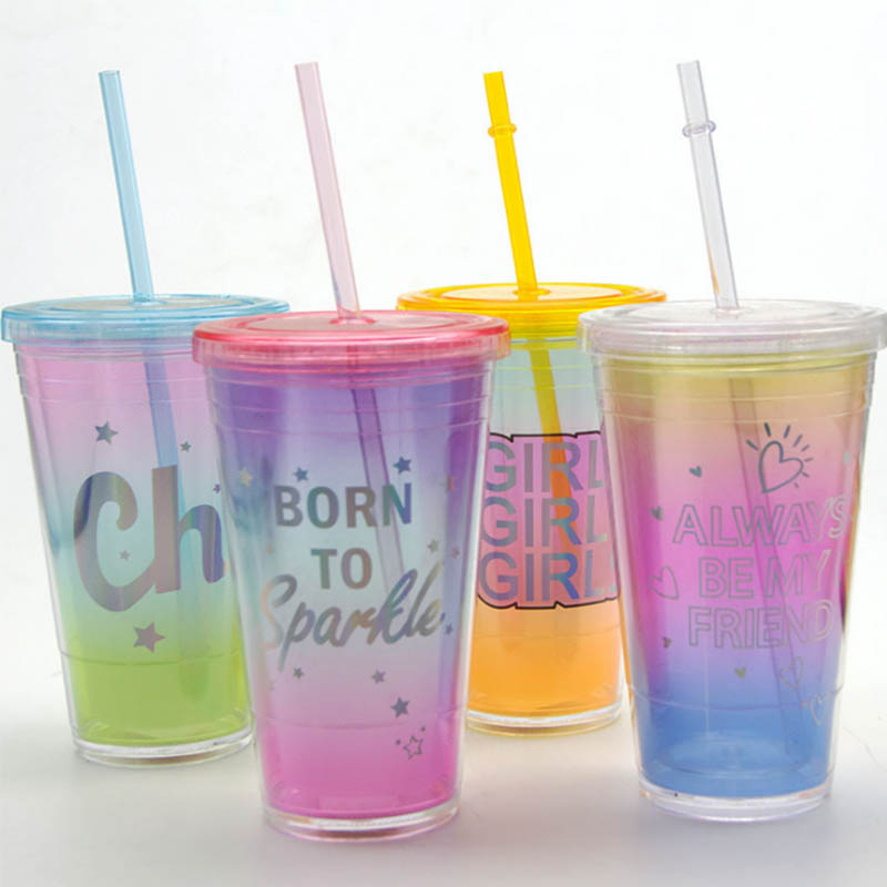 hot sale Double-layer gradient plastic cold drink PS juice tumbler cups with lid and straw