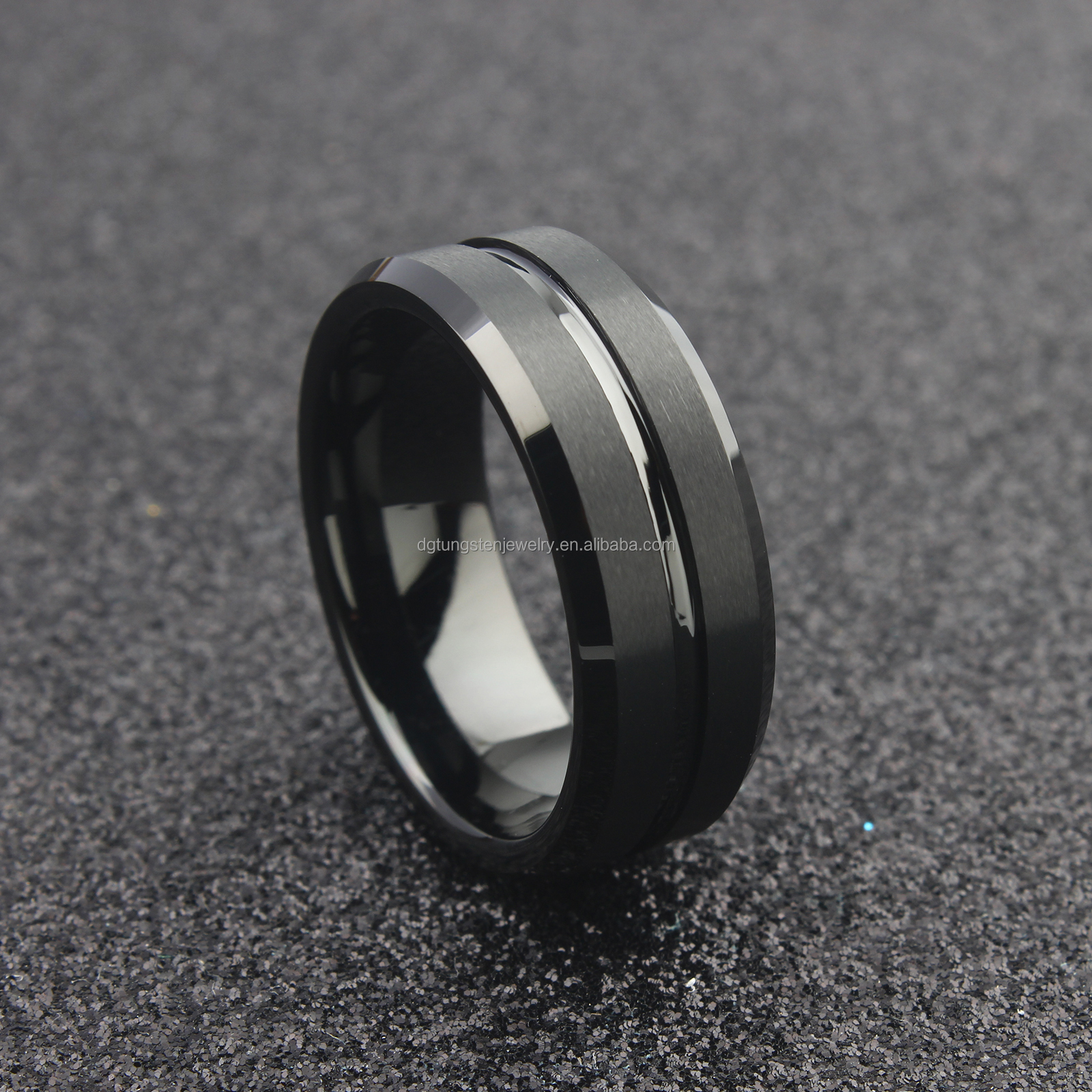 8mm Black Beveled edge Brushed Tungsten carbide Ring, With Groove, Mens Womens Wedding Band, Comfort Fit