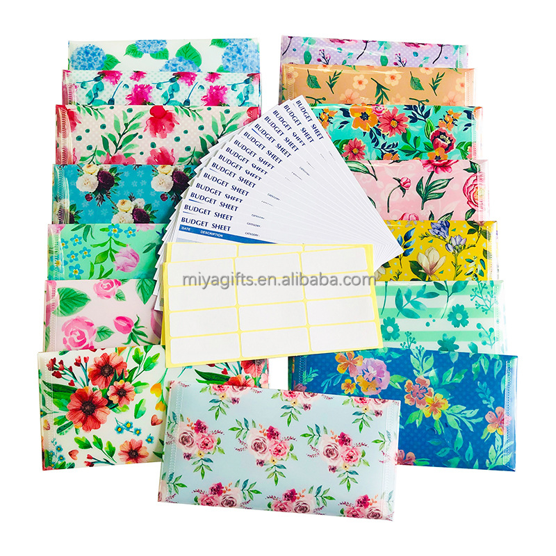 New plastic budget envelope floral patterned fresh snap button design opening money pocket for planner diary