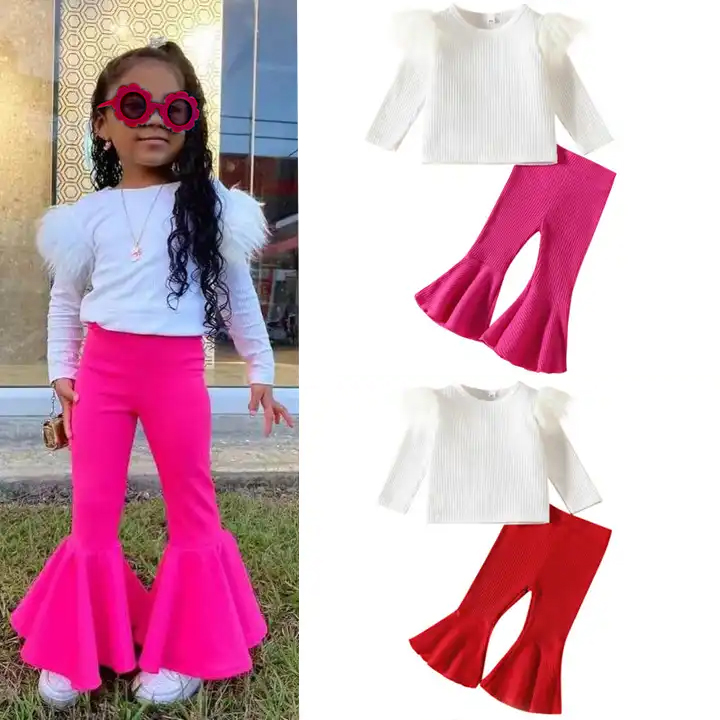 New Children's Clothes Girls' Suit Pit Strip Cotton Long-Sleeved Top Flare Pants Two-Piece Set